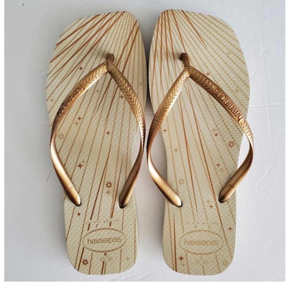 Havaianas Women's Slim Square Fireworks Flip Flops Cream & Gold Size 9 / 10